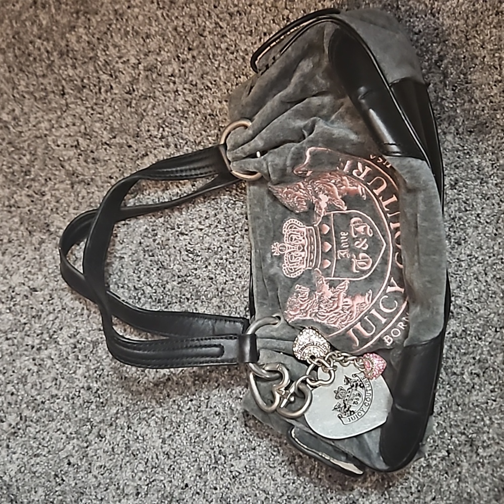 Juicy Couture grey Scottie Day Dreamer velour leather trim small bag